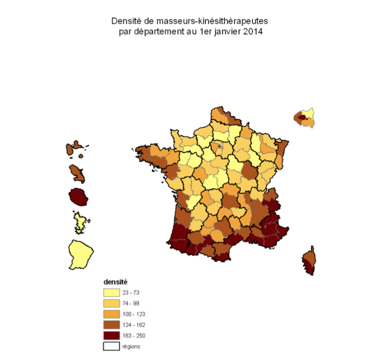 Densité des masseurs kinésithérapeutes en France