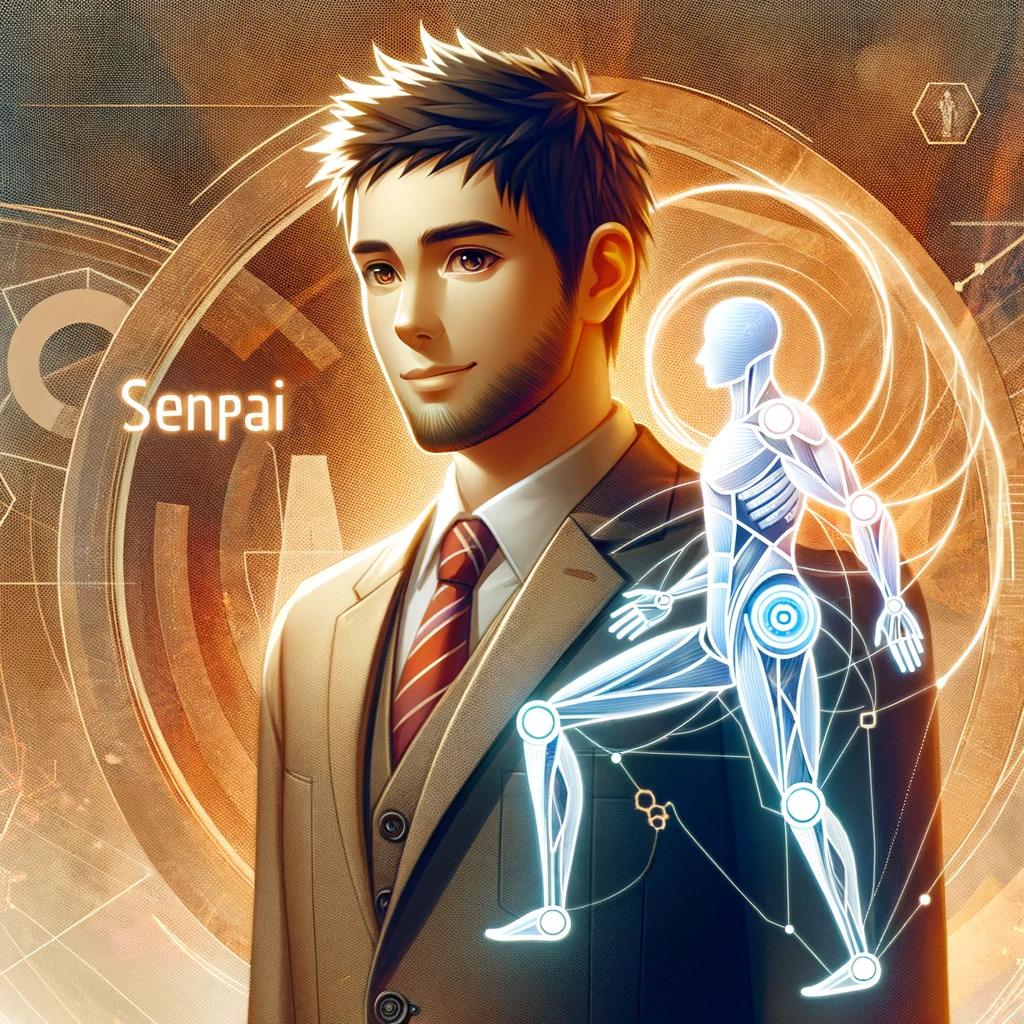 2023-12-05 11.33.01 – Digital avatar representing ‘SenpAI’, a virtual mentor in physiotherapy, combining elements of wisdom and advanced technology. The avatar has a friend